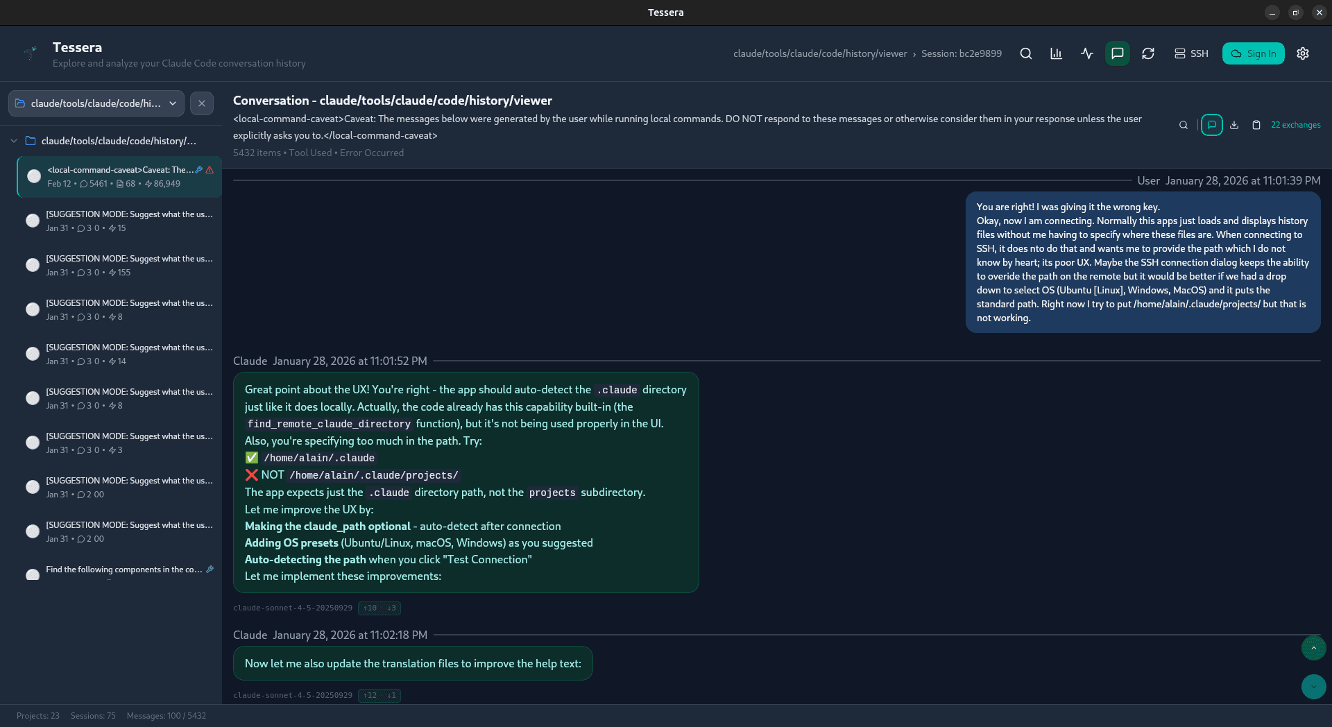 Conversation message viewer with syntax highlighting