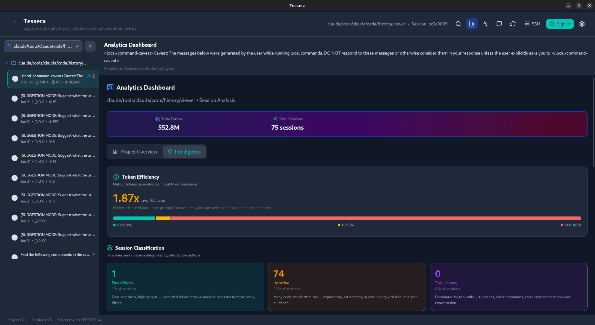 AI intelligence tab with session summaries