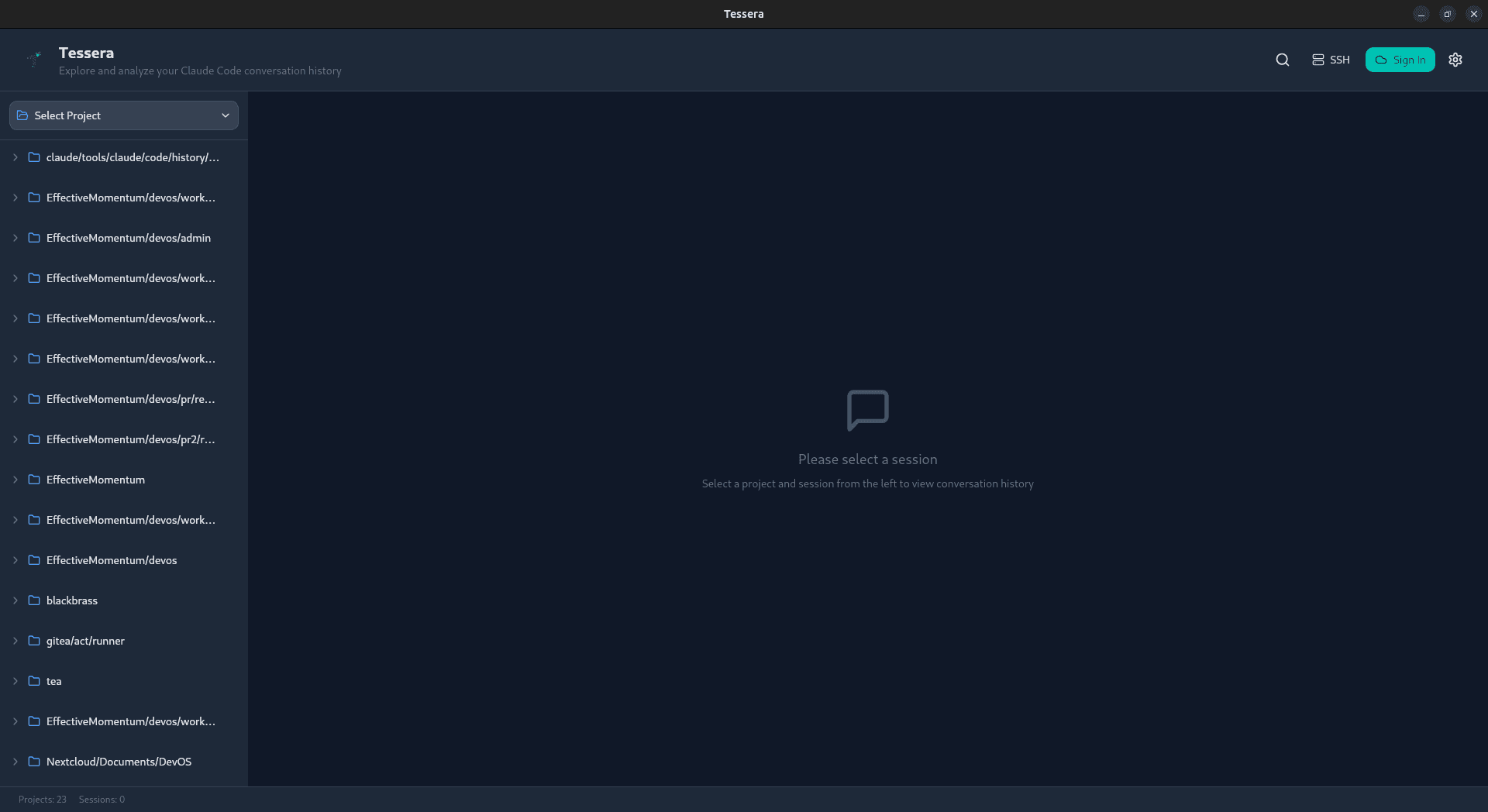 Project browser showing all Claude Code projects